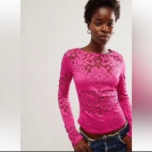 Free People Vibrant Pink Lace Blouse